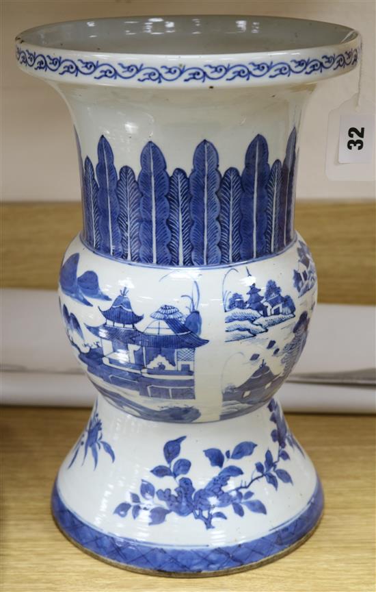 A 19th century Chinese blue and white vase, of Gu form, H. 13in.